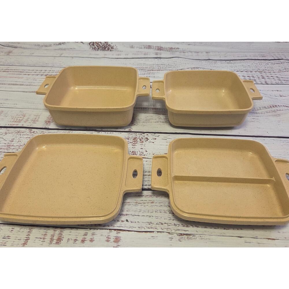 LittonWare Microwave Cookware Set 4 Beige Square Dishes 7" & 6.5" Vintage